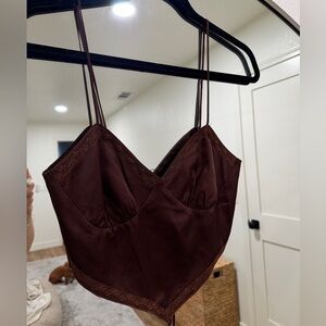 Cotton Candy Brown Lace-Trim Satin Top